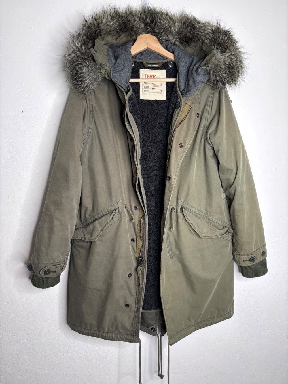TNA Britannia Lined Parka Jacket Faux Fur Hooded Army Green Military Style Small
